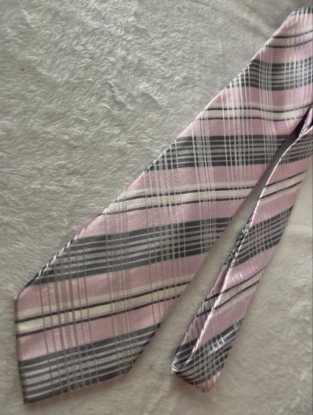 Sean John Men's Silk Necktie Pink Grey White Plaid Woven Formal Tie - Picture 2 of 3